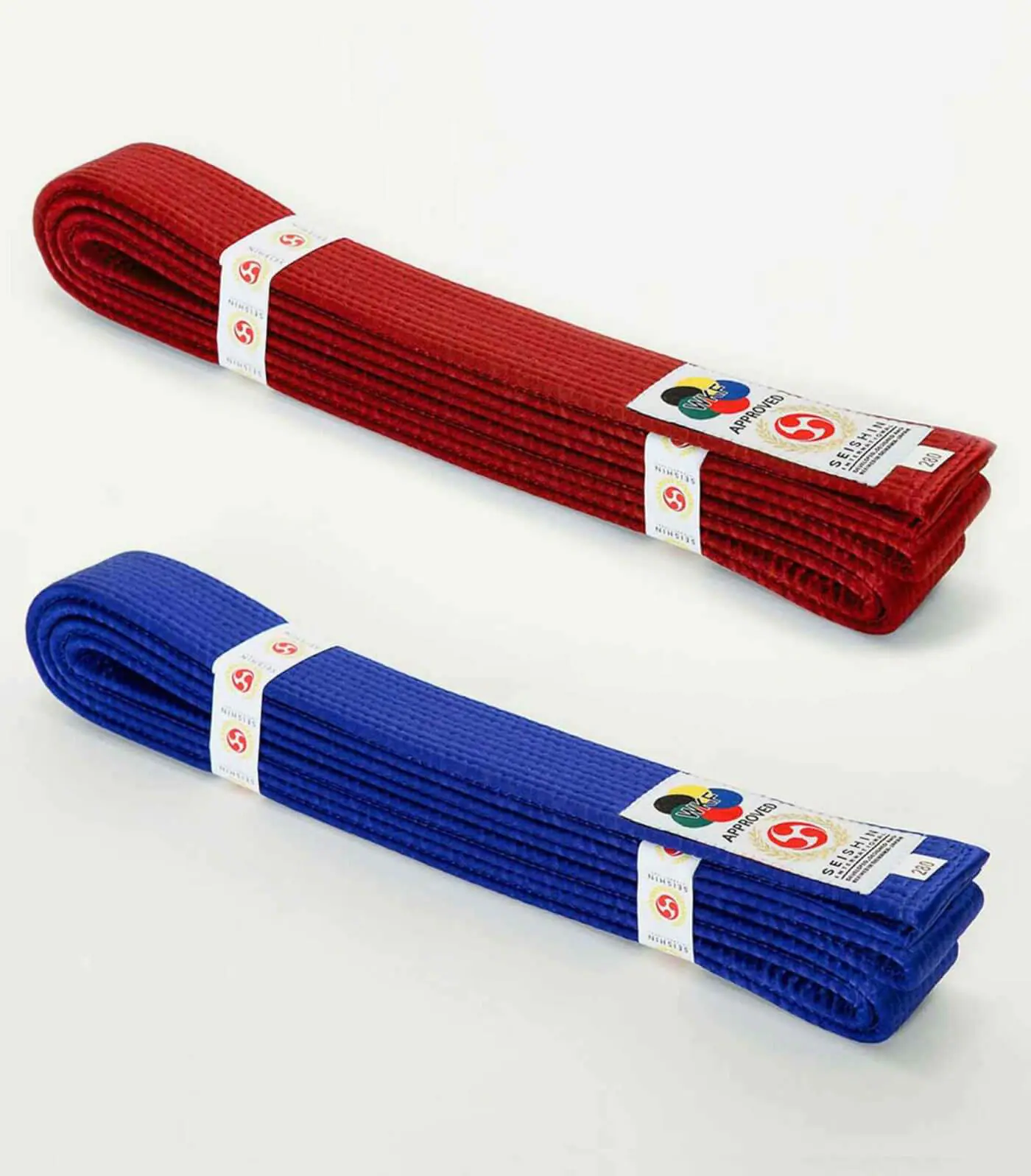 cinturones de competición-seishin-international-wkf-rojo-y-azul-satén