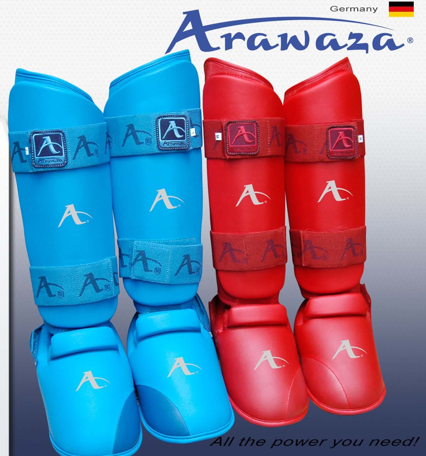 Espinilleras de kárate Arawaza – azules o rojas
